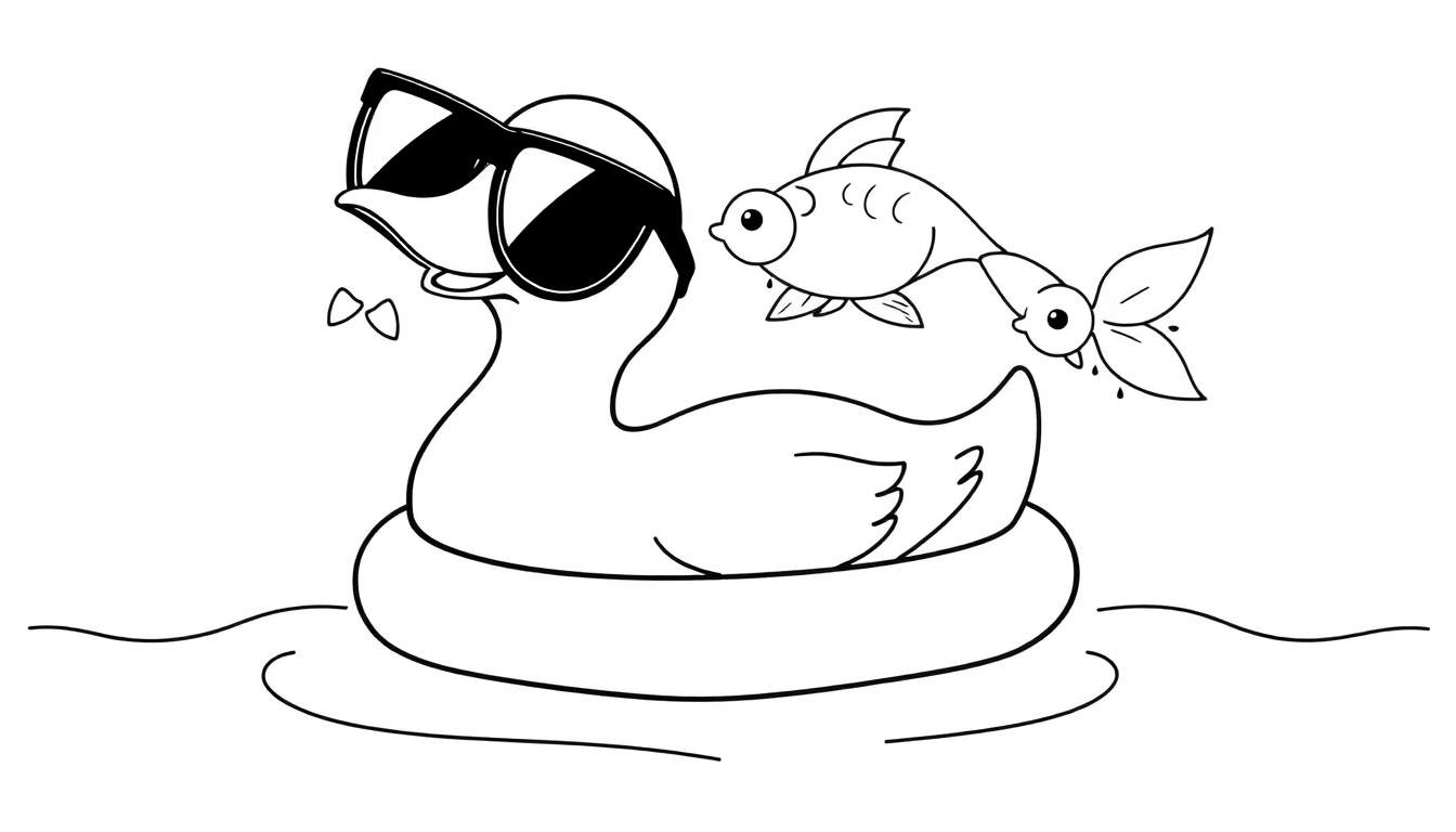 Coloriage d'un canard gonflable avec des lunettes de soleil sur un anneau de piscine, à côté d'un poisson de dessin animé.
