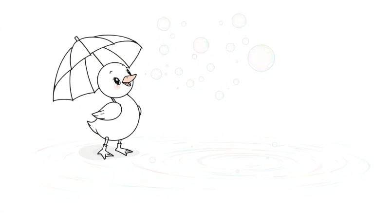 Un canard de dessin animé joyeux avec un parapluie souffle des bulles sur une surface d'eau avec des ondulations.