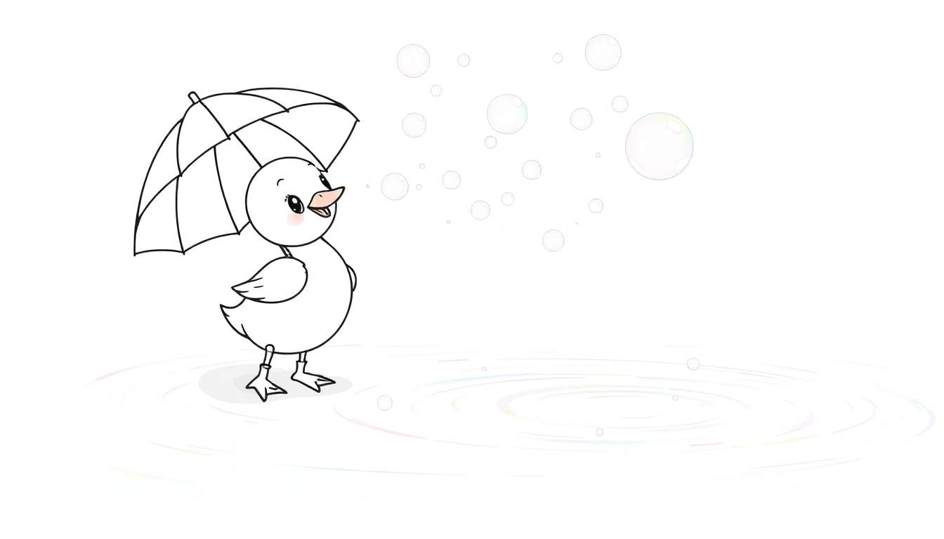 Un canard de dessin animé joyeux avec un parapluie souffle des bulles sur une surface d'eau avec des ondulations.