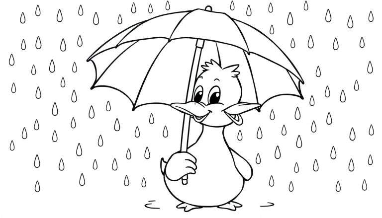Un canard de dessin animé avec un parapluie sous la pluie.