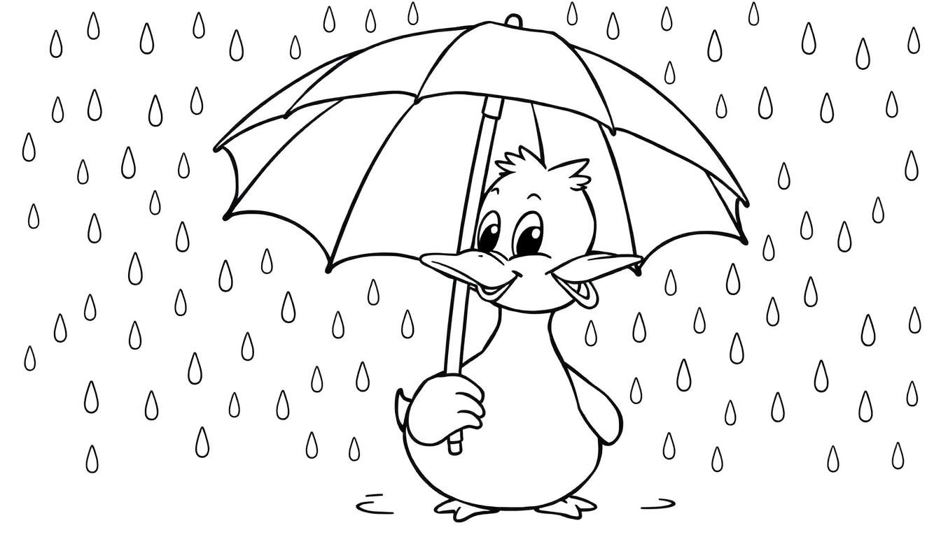 Un canard de dessin animé avec un parapluie sous la pluie.