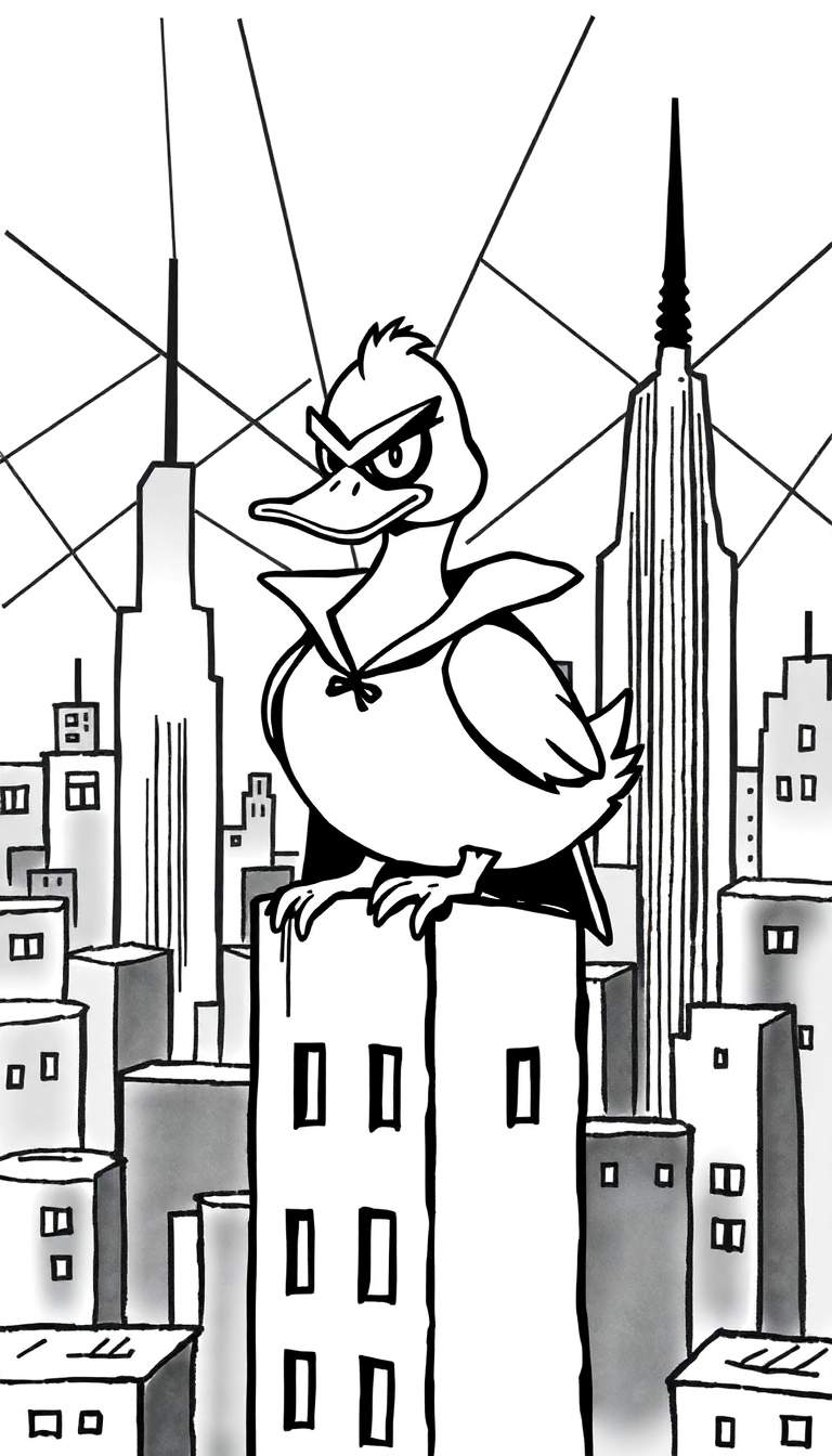 Coloriage d'un canard super vilain avec une cape et un masque sur un toit d'immeuble dans une ville.