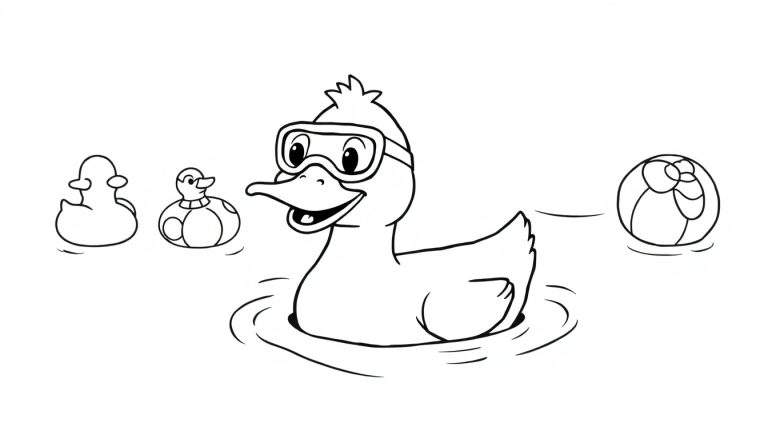 Coloriage de quatre canards dans l'eau, avec un canard portant des lunettes de plongée, un canard à pois, et une balle de plage.