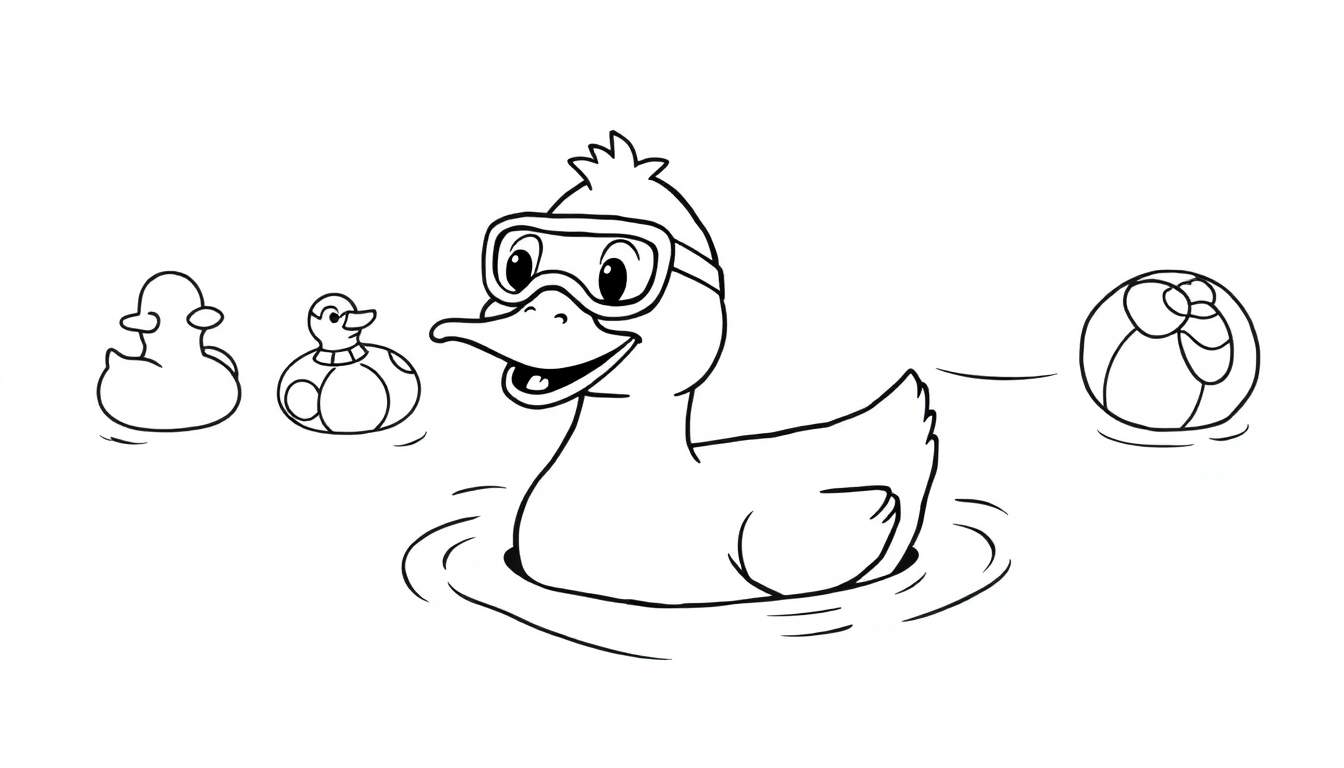 Coloriage de quatre canards dans l'eau, avec un canard portant des lunettes de plongée, un canard à pois, et une balle de plage.