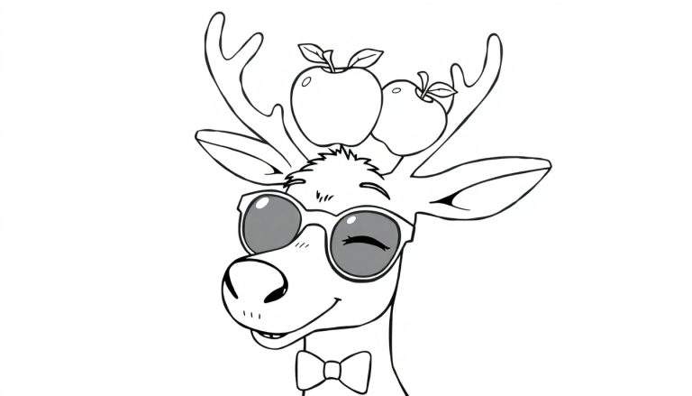 Dessin en noir et blanc d'un cerf portant des lunettes de soleil, un nœud papillon et deux pommes sur sa tête, prêt à être colorié.