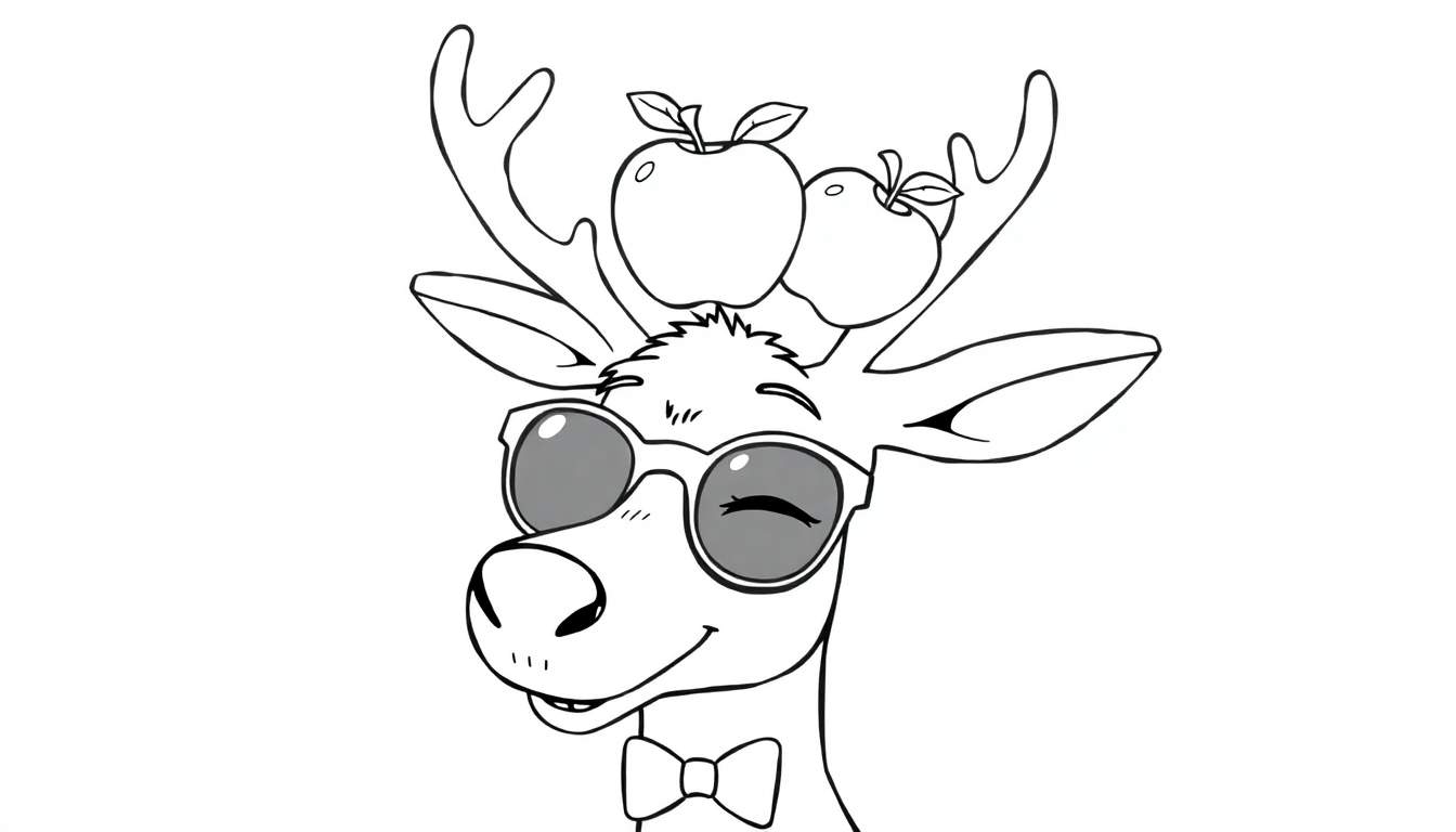 Dessin en noir et blanc d'un cerf portant des lunettes de soleil, un nœud papillon et deux pommes sur sa tête, prêt à être colorié.