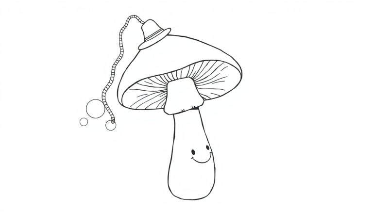 Dessin de coloriage : un champignon joyeux avec un grand chapeau, un visage souriant et un cordon décoratif avec des bulles.
