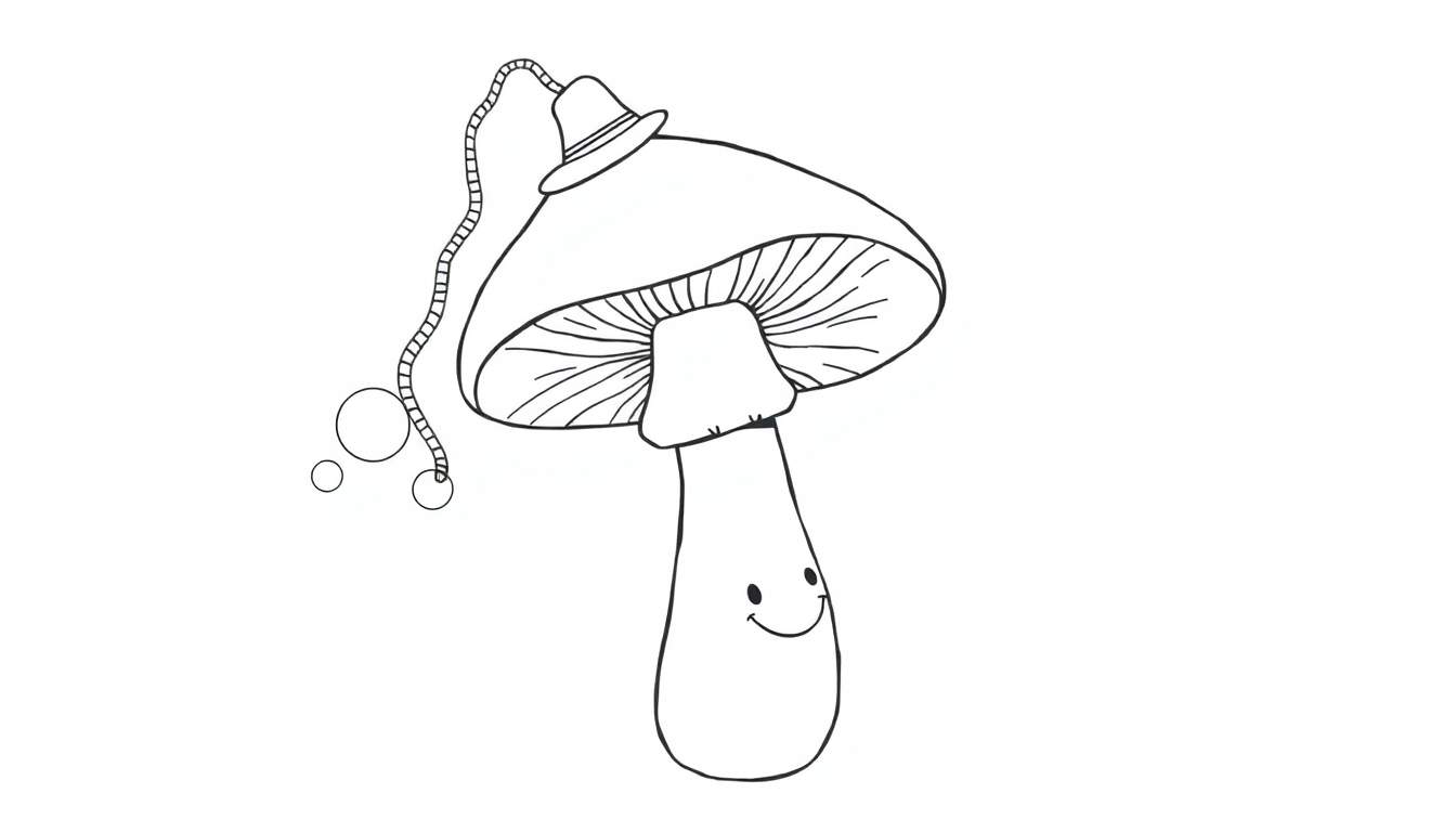 Dessin de coloriage : un champignon joyeux avec un grand chapeau, un visage souriant et un cordon décoratif avec des bulles.