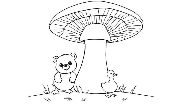 Coloriage d'un grand champignon avec un ourson et un caneton debout sur de l'herbe.