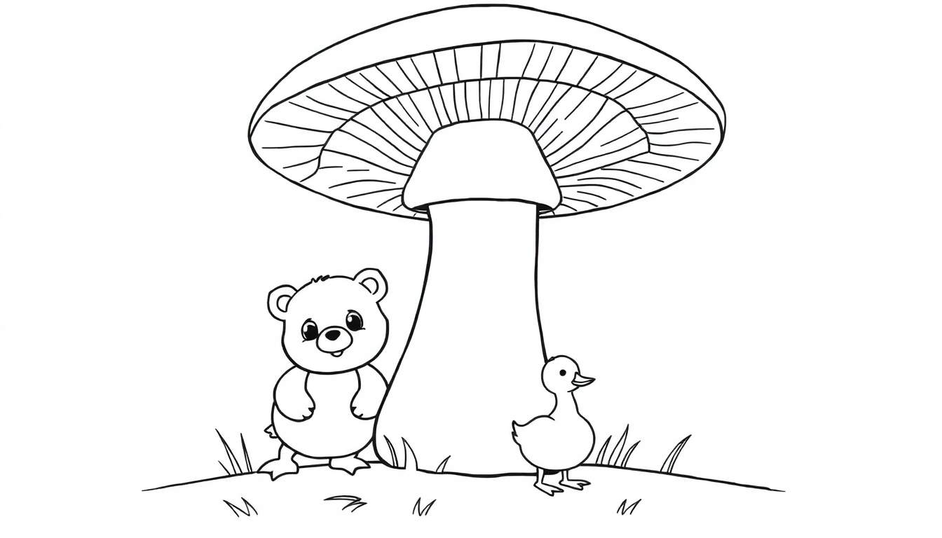 Coloriage d'un grand champignon avec un ourson et un caneton debout sur de l'herbe.