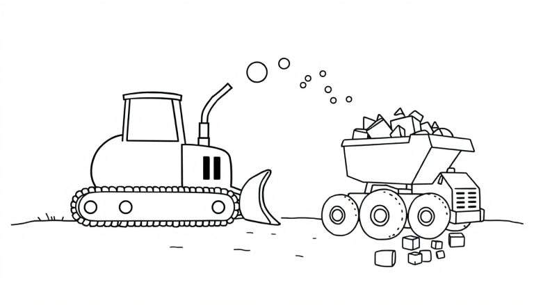 Image en noir et blanc d'un coloriage de scène de chantier avec un bulldozer et un camion benne, entouré de formes abstraites.