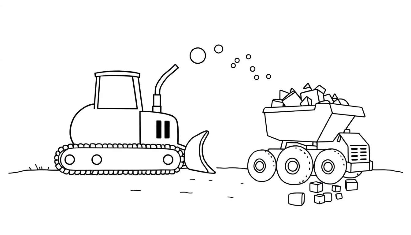 Image en noir et blanc d'un coloriage de scène de chantier avec un bulldozer et un camion benne, entouré de formes abstraites.