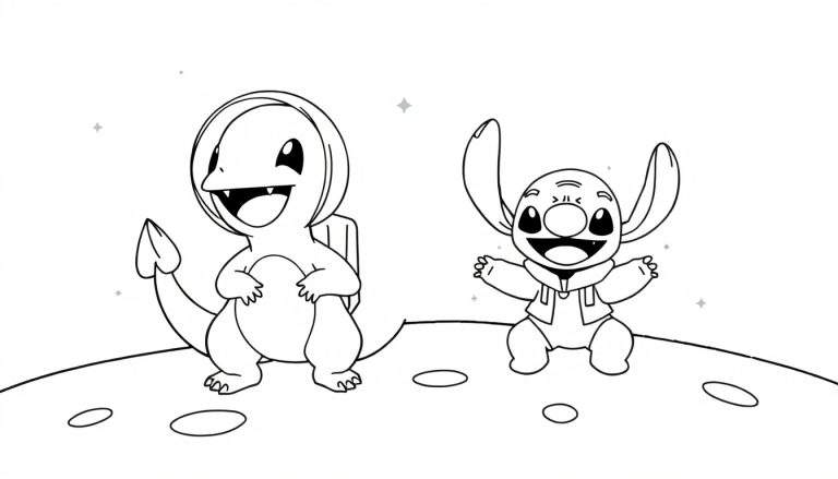 Coloriage de Charmander et Stitch, habillés en astronautes, riant sur la surface de la lune avec des étoiles en arrière-plan.
