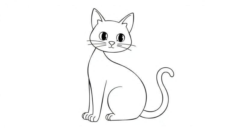Dessin au trait noir et blanc d'un chat mignon assis pour un coloriage.