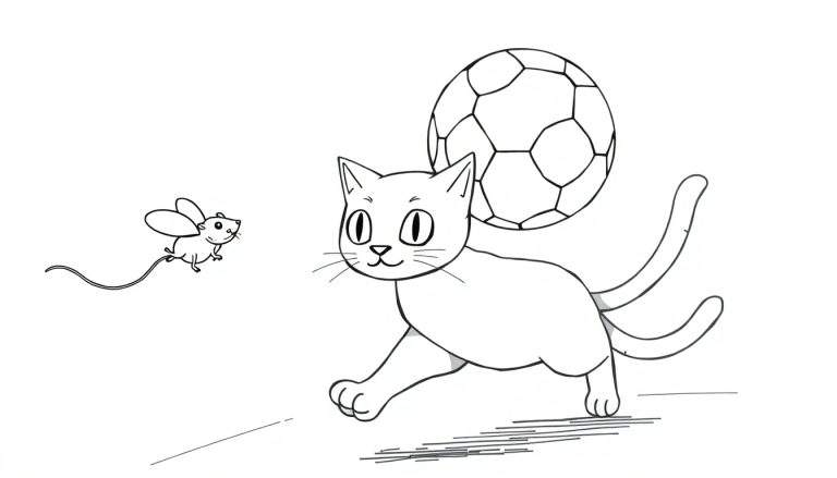 Coloriage d'un chat avec un ballon de foot sur la tête et une souris qui court à côté.