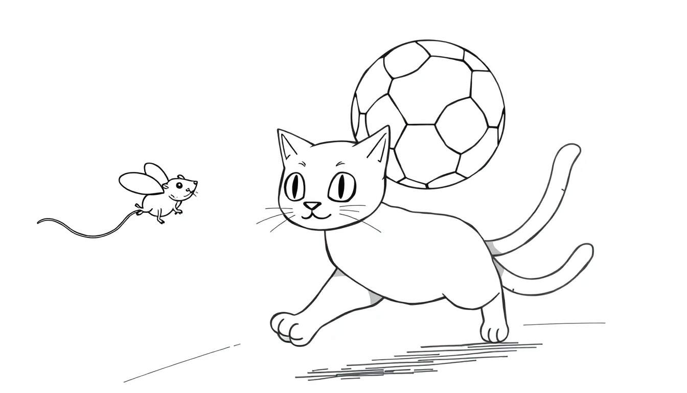 Coloriage d'un chat avec un ballon de foot sur la tête et une souris qui court à côté.