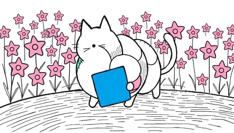 Coloriage d'un chat blanc aux formes arrondies tenant un cube bleu, entouré de fleurs roses en forme d'étoiles et de tiges fines.