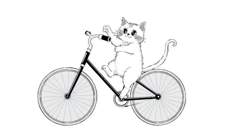 Dessin à colorier d'un chat blanc faisant du vélo et saluant.