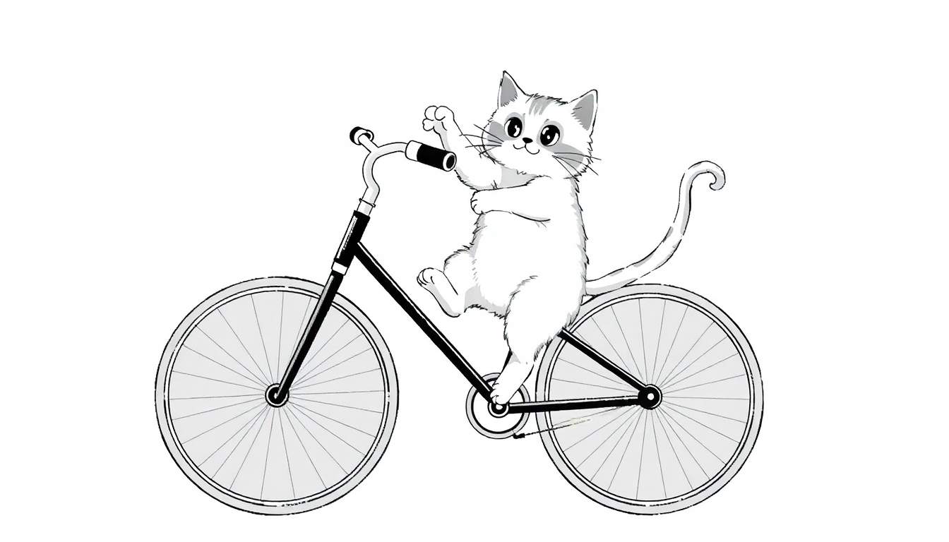 Dessin à colorier d'un chat blanc faisant du vélo et saluant.