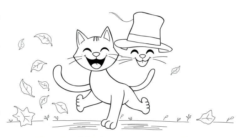 Dessin au trait d'un coloriage d'automne avec deux chats, l'un portant un chapeau, entourés de feuilles tombées.