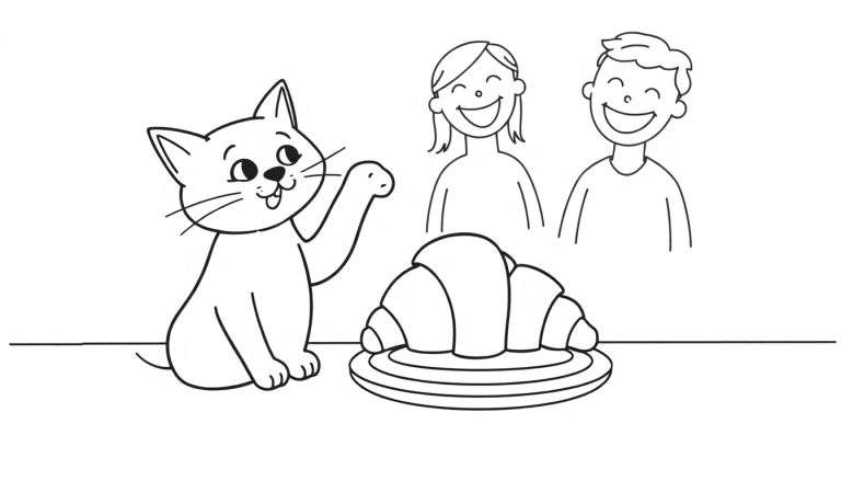 Coloriage d'un chat noir et blanc cherchant un croissant, avec deux personnes joyeuses en arrière-plan.