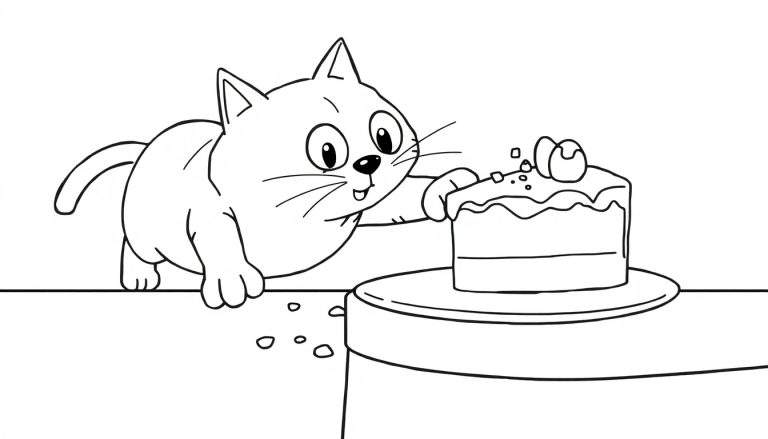 Dessin au trait d'un chat noir et blanc penchant la tête vers un gâteau sur un plateau, avec une patte tendue vers celui-ci.