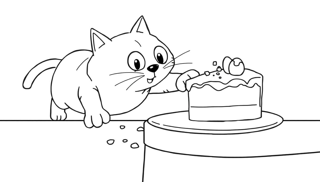 Dessin au trait d'un chat noir et blanc penchant la tête vers un gâteau sur un plateau, avec une patte tendue vers celui-ci.