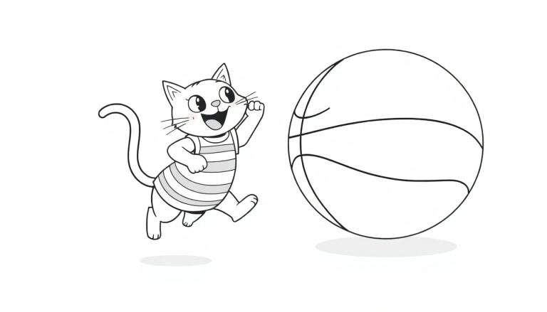 Dessin au trait d'un chat avec un pull rayé jouant au basket-ball, orienté vers la gauche avec une patte levée vers le ballon.