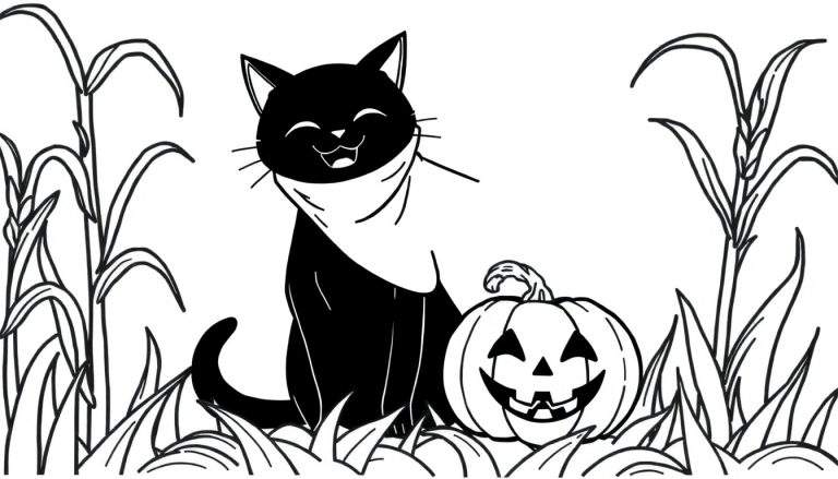 Coloriage d'un chat noir joyeux avec un foulard, assis à côté d'une citrouille d'Halloween taillée, entouré de plantes d'automne.