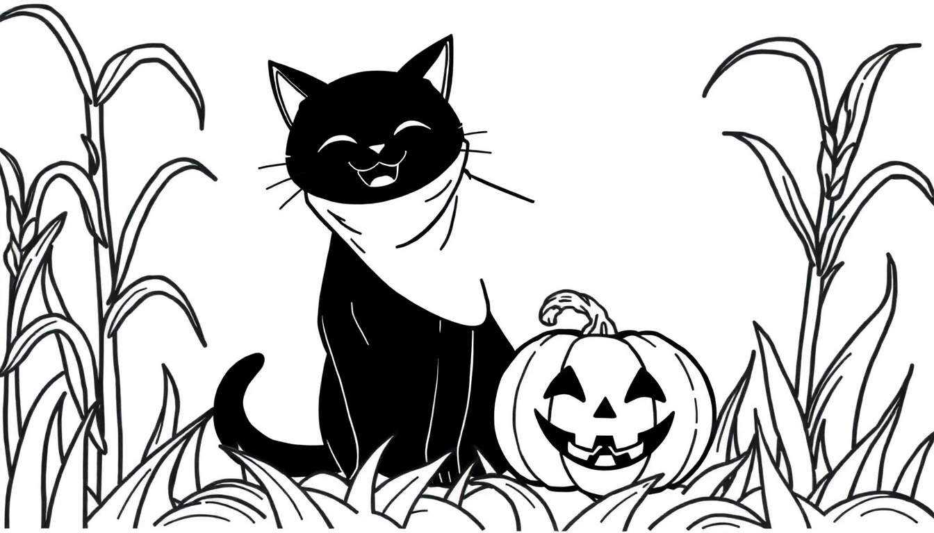 Coloriage d'un chat noir joyeux avec un foulard, assis à côté d'une citrouille d'Halloween taillée, entouré de plantes d'automne.