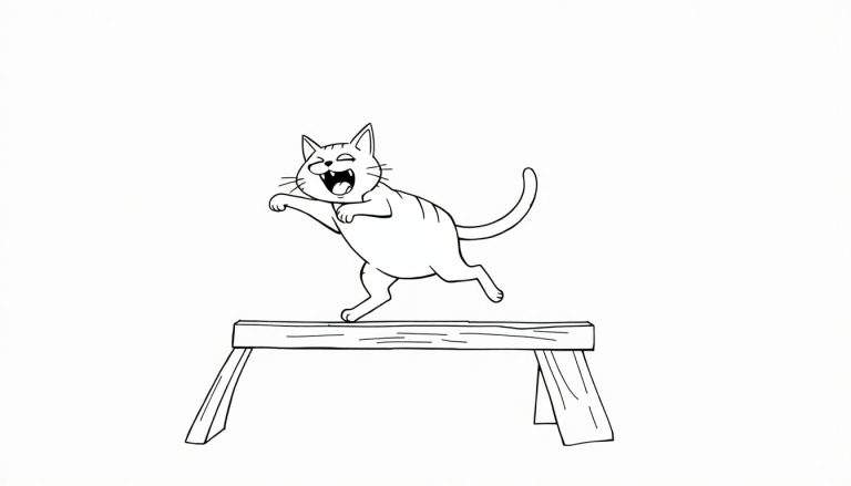 Un chat de dessin animé souriant court sur une poutre.