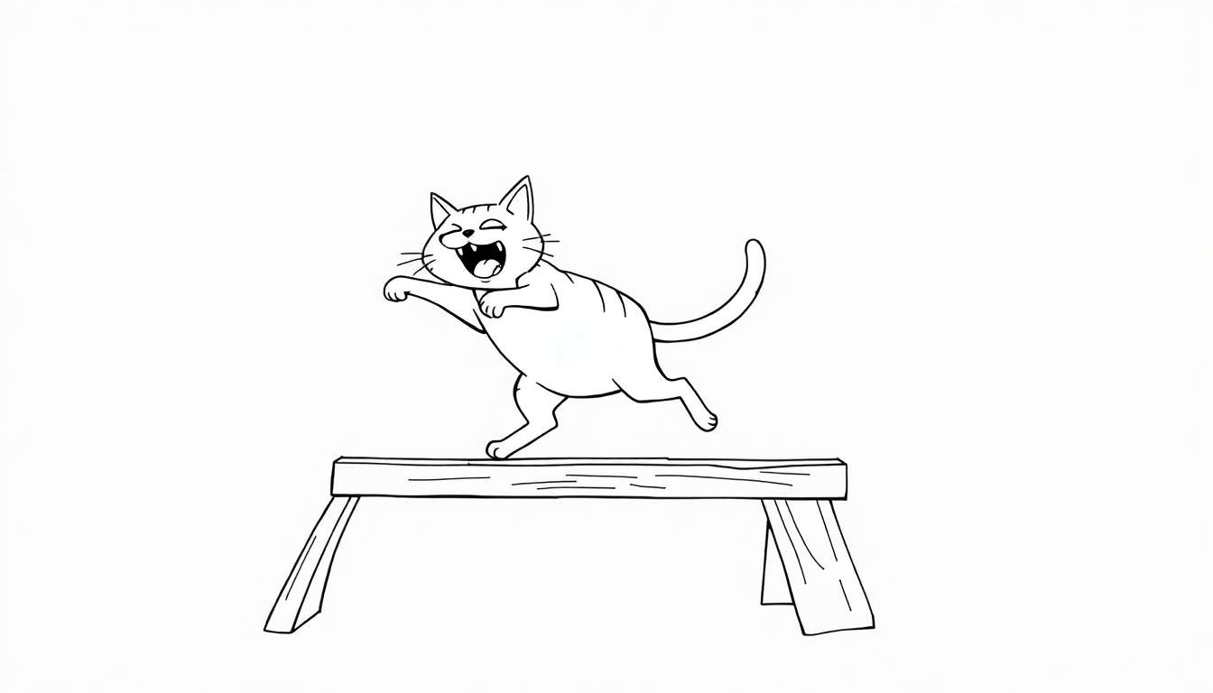 Un chat de dessin animé souriant court sur une poutre.