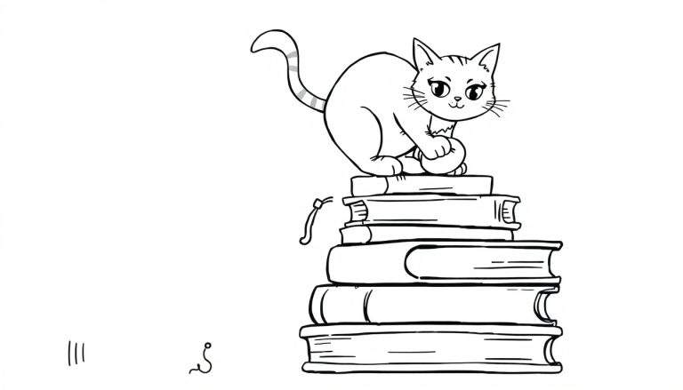 Dessin au trait noir et blanc d'un chat assis sur une pile de livres, tenant une balle, coloriage pour enfants.