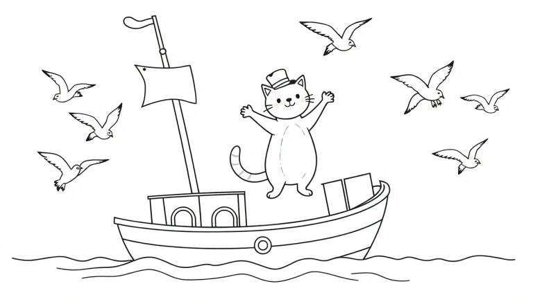 Dessin au trait d'un chat souriant portant un haut-de-forme, debout sur un bateau avec des mouettes volant autour.
