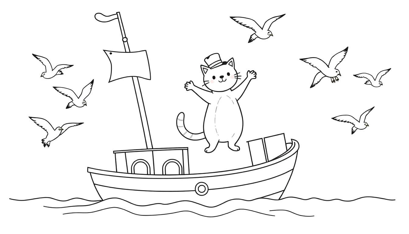 Dessin au trait d'un chat souriant portant un haut-de-forme, debout sur un bateau avec des mouettes volant autour.