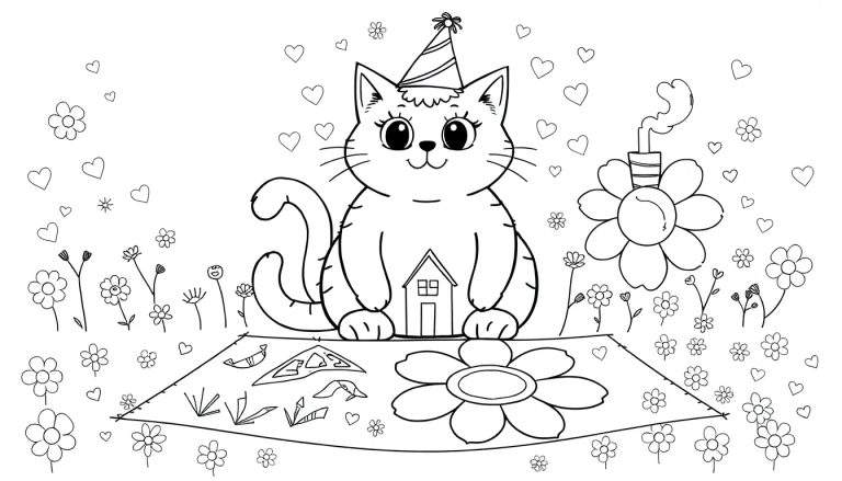 Dessin au trait d'un chat avec un chapeau de fête entouré de cœurs et de fleurs, devant une maison et un tapis.