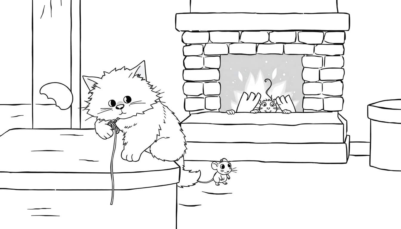 Coloriage d'un gros chat blanc assis sur une caisse, jouant avec un fil. Un petit mulot est à côté, regardant vers une cheminée où des pattes de chat sortent.