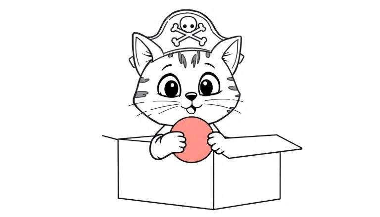 Coloriage d'un chat pirate dans une boîte tenant une balle rose.