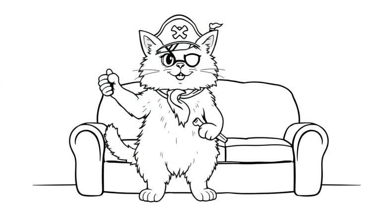 Dessin au trait d'un chat pirate assis sur un canapé, portant un chapeau de pirate, un cache-œil et une cravate, avec un pouce levé et tenant une petite bouteille.