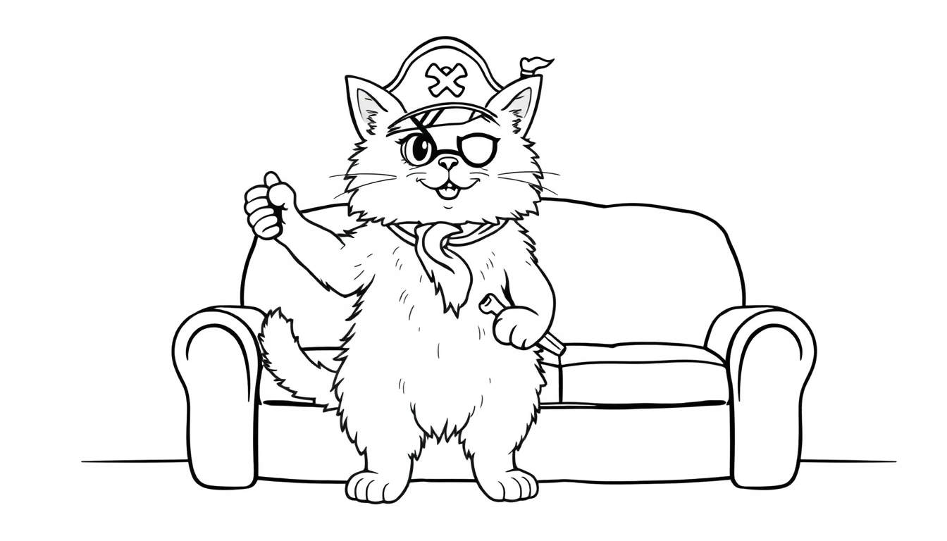 Dessin au trait d'un chat pirate assis sur un canapé, portant un chapeau de pirate, un cache-œil et une cravate, avec un pouce levé et tenant une petite bouteille.