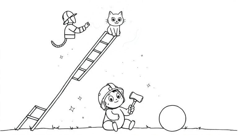 Coloriage d'un chat sur une échelle, d'une personne flottant, d'un bébé avec un casque et un marteau, et d'une grande sphère sur fond d'herbe et de ciel étoilé.