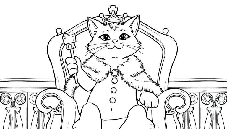 Dessin au trait pour coloriage d'un chat souriant portant une couronne et un manteau, assis sur un grand trône sculpté, tenant un sceptre.