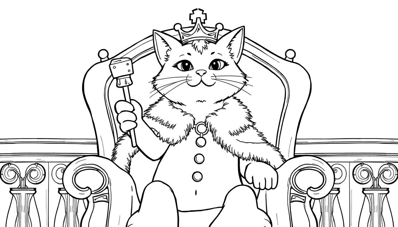 Dessin au trait pour coloriage d'un chat souriant portant une couronne et un manteau, assis sur un grand trône sculpté, tenant un sceptre.