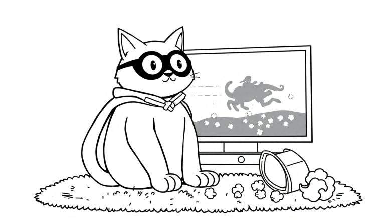 Coloriage d'un chat super-vilain avec des lunettes et une cape, regardant un chien courir à la télévision, avec du popcorn renversé.