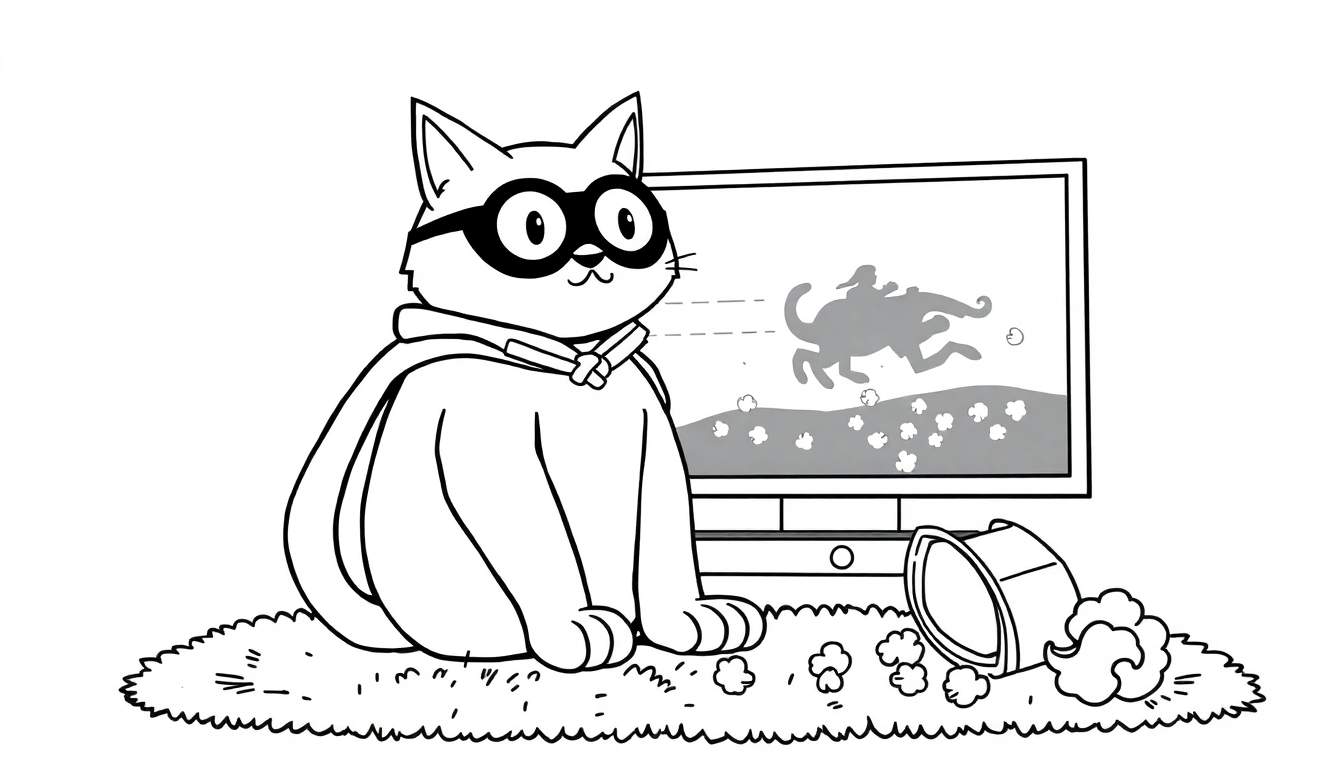 Coloriage d'un chat super-vilain avec des lunettes et une cape, regardant un chien courir à la télévision, avec du popcorn renversé.