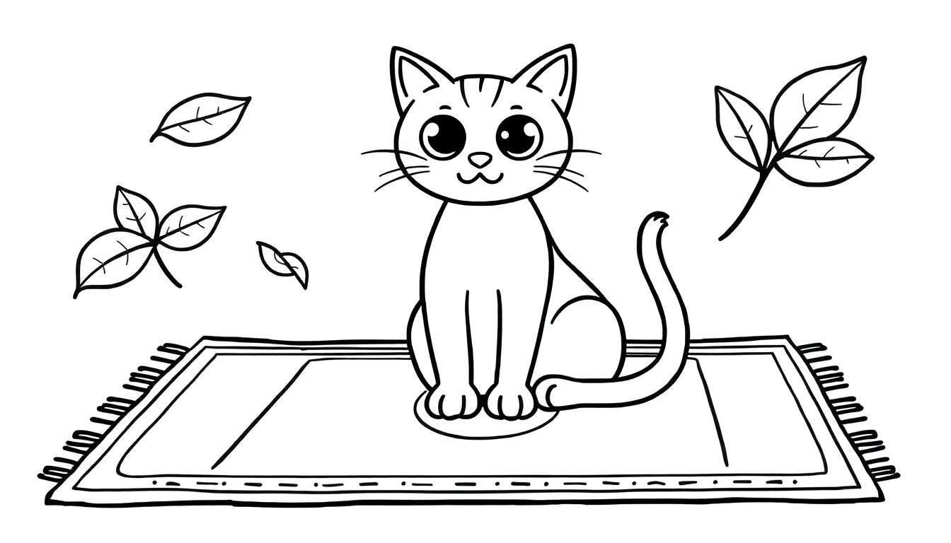 Dessin au trait d'un chat aux grands yeux assis sur un tapis avec des feuilles tombant autour.