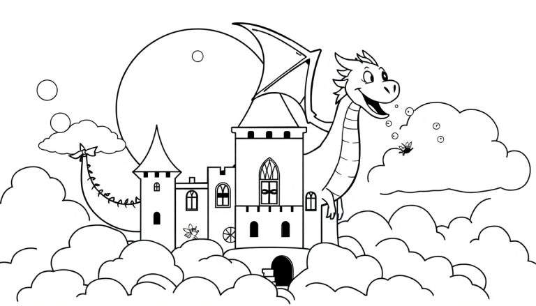 Dessin au trait noir et blanc d'un château de contes de fées avec des tours médiévales, un dragon amical à droite crachant des bulles, une petite mouche, de gros nuages, une grande lune/soleil, trois bulles et une petite fée à gauche.