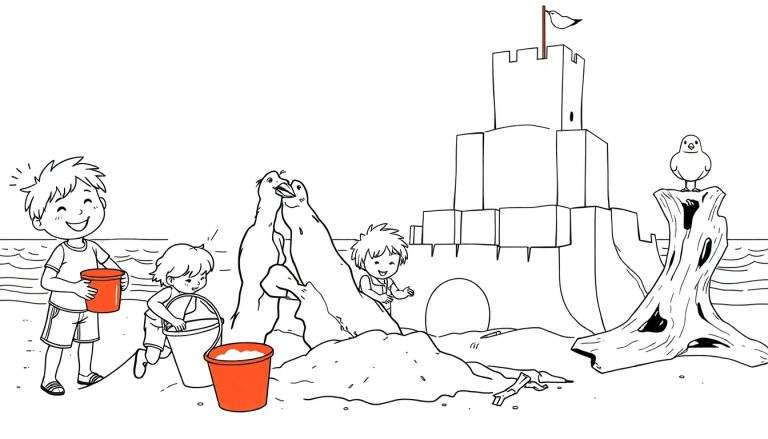 Coloriage d'un enfant construisant un château de sable sur la plage, avec des créatures marines étranges et un oiseau sur un tronc d'arbre.