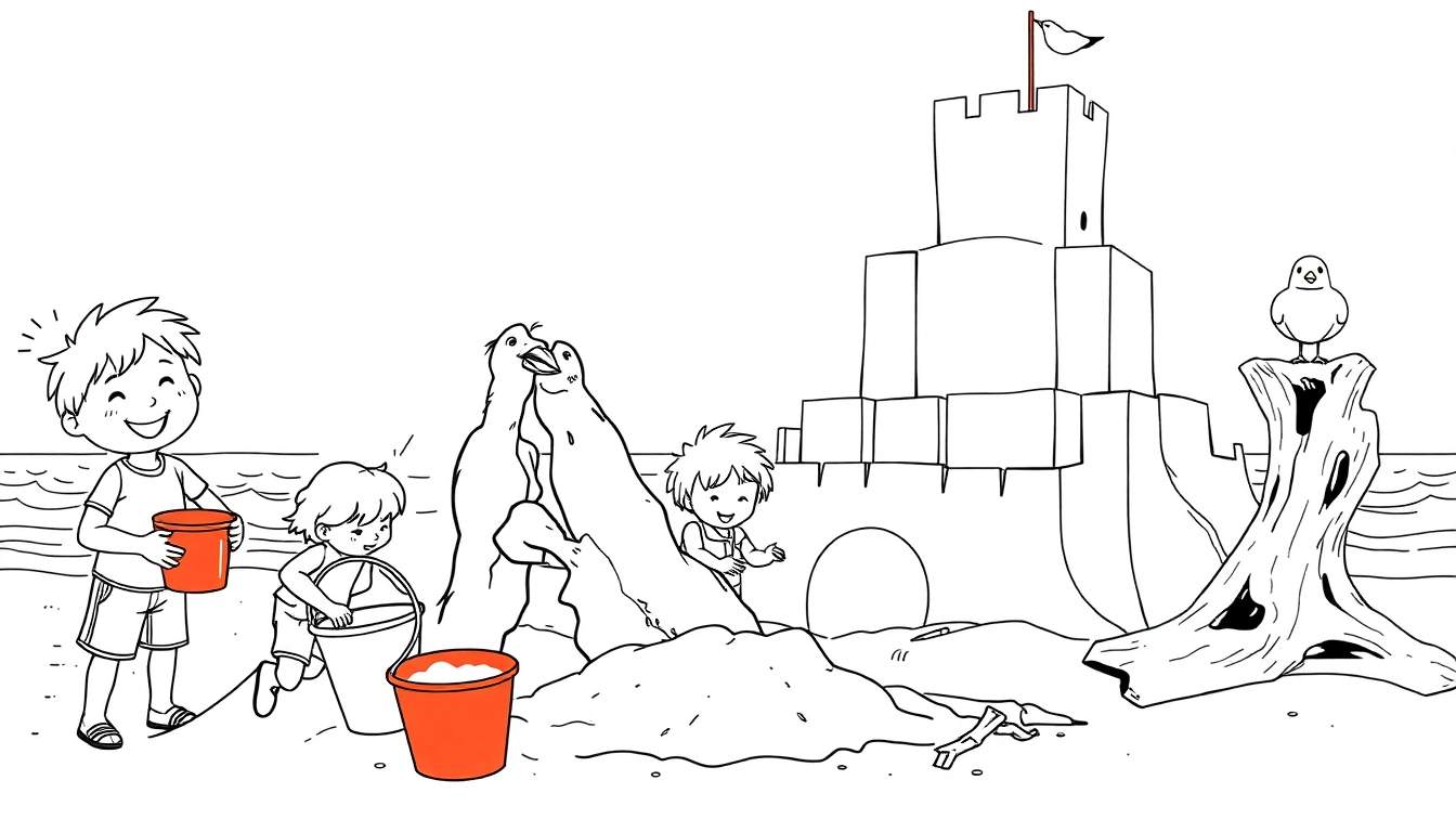 Coloriage d'un enfant construisant un château de sable sur la plage, avec des créatures marines étranges et un oiseau sur un tronc d'arbre.
