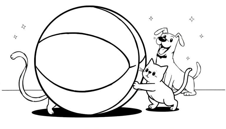 Coloriage d'un chaton blanc poussant une balle et un chien blanc avec un nœud papillon noir regardant, entourés d'étoiles.